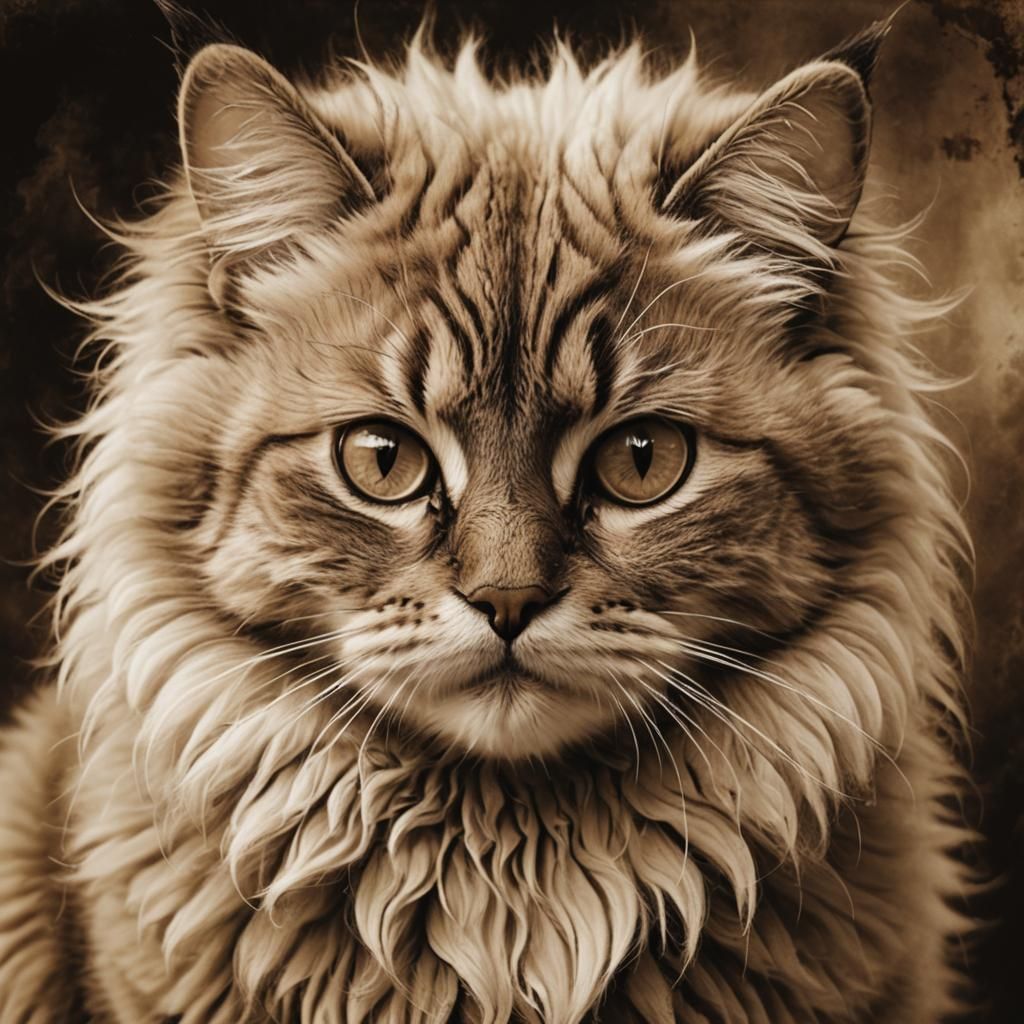 Sepia Cat Art Illusion: Fluffy, Cute, and Detailed