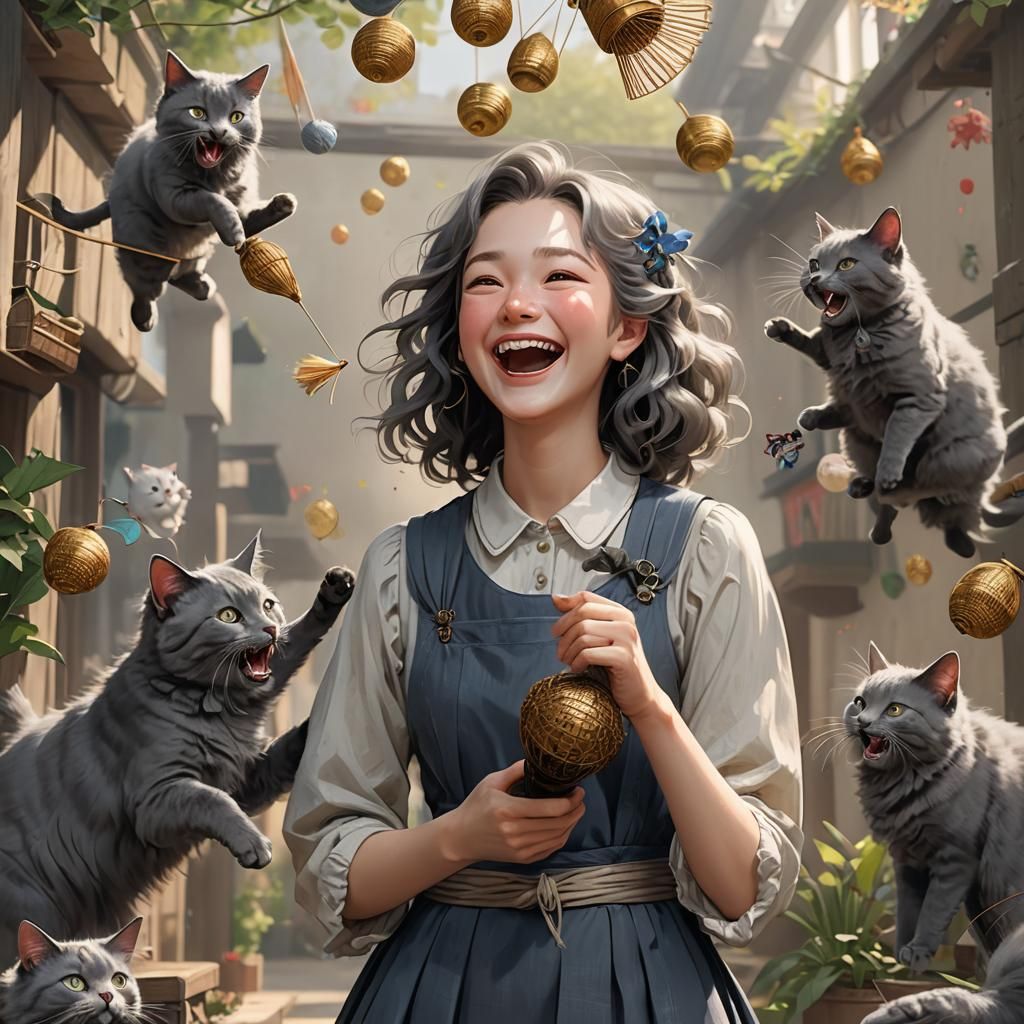 Woman Laughing at Nebelung Cat: 3D Anime Art