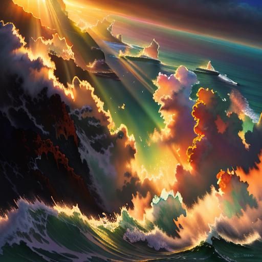 Vibrant Sunset Over Ocean: Photorealistic Gouache Painting