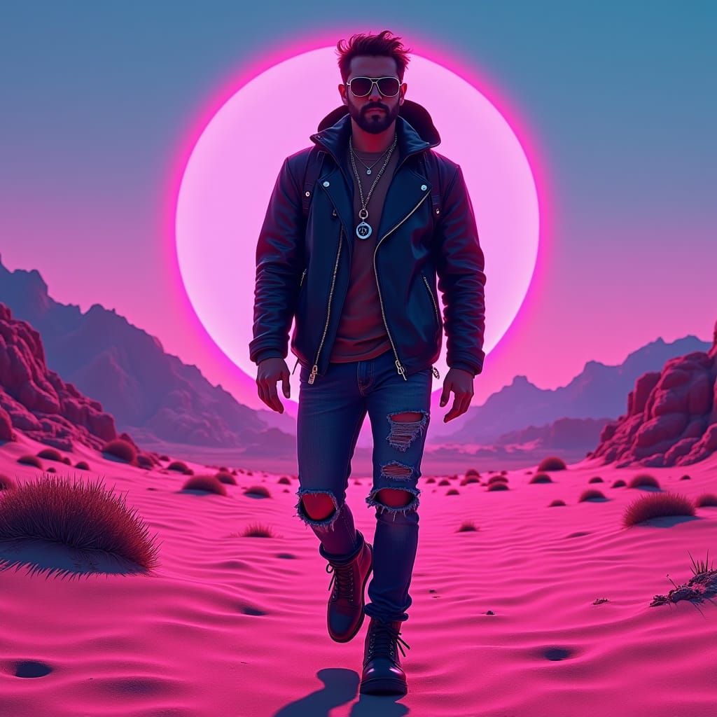 Synthwave Nomad in Neon Cyberpunk Desert