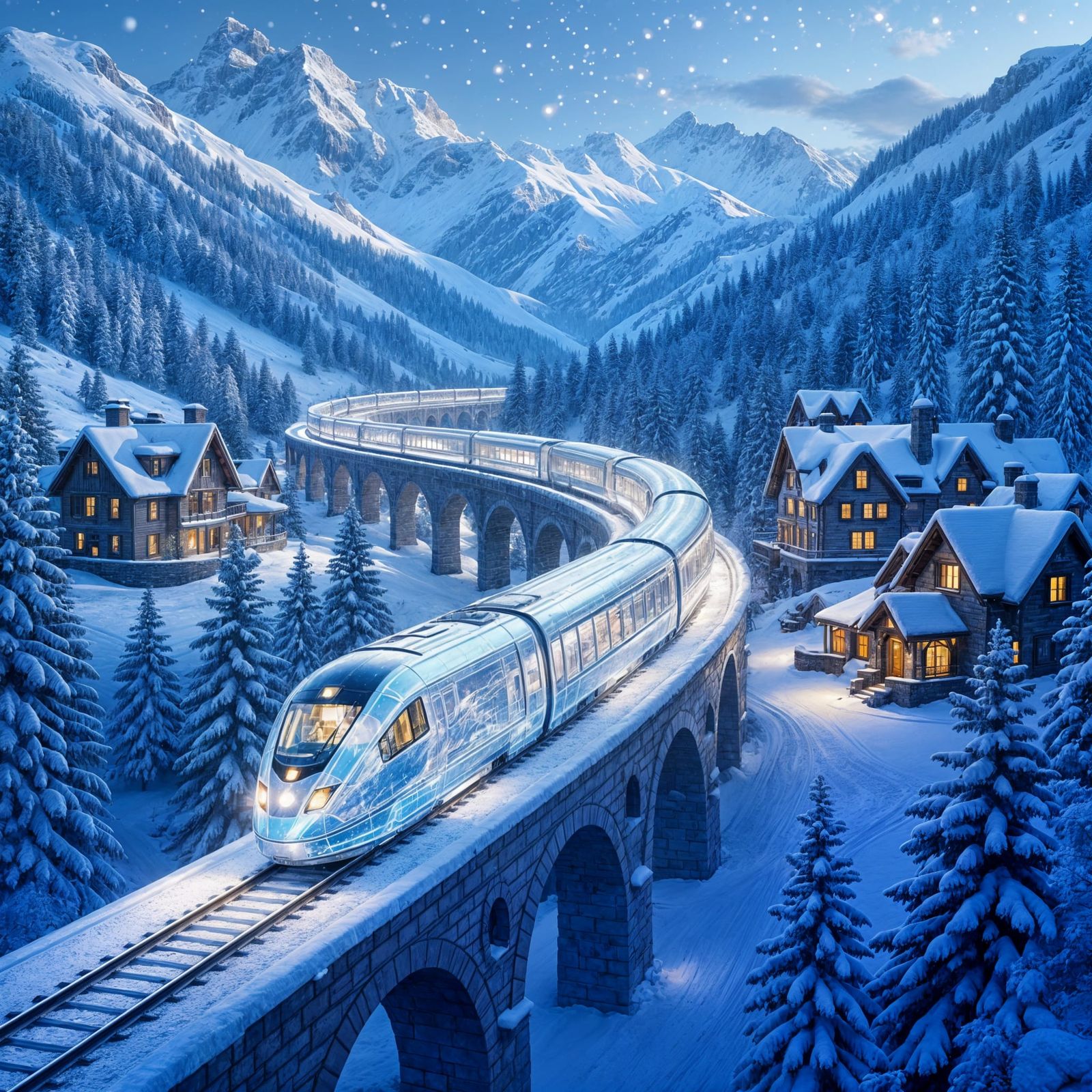 Magical Crystal Train in Snowy Fantasy Landscape