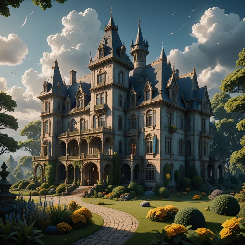 Ethereal Fantasy Manor with Turrets and Gardens
