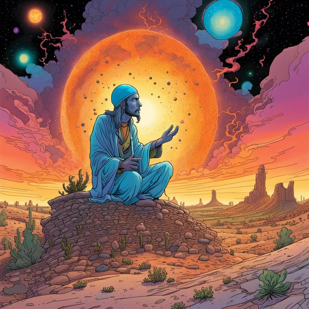 Cosmic Shaman Exorcism at Sunset in Comic Style