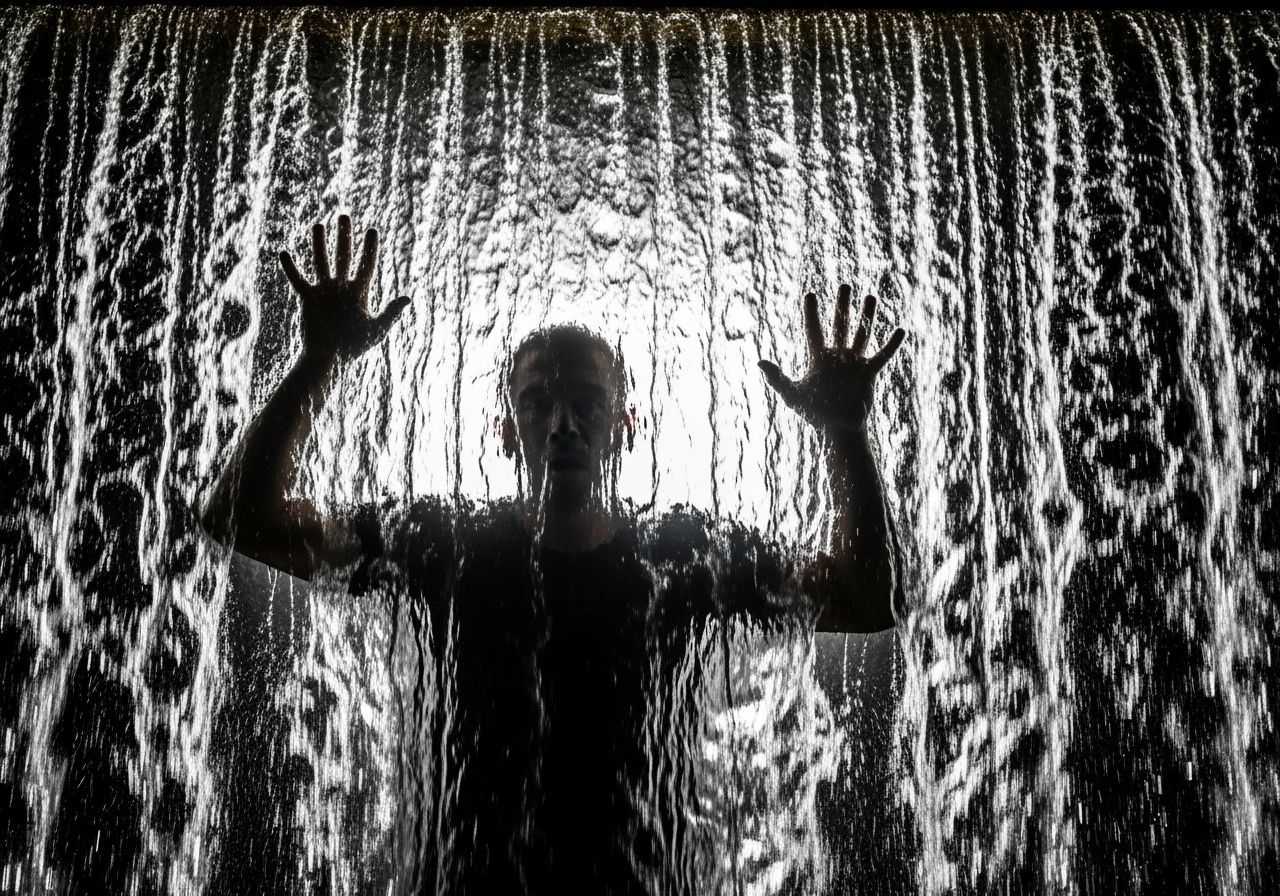 Person Trapped Behind a Waterfall Silhouette