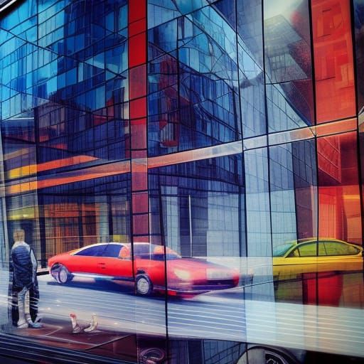 Mirrored Building Reflecting City Street in Hyperrealism