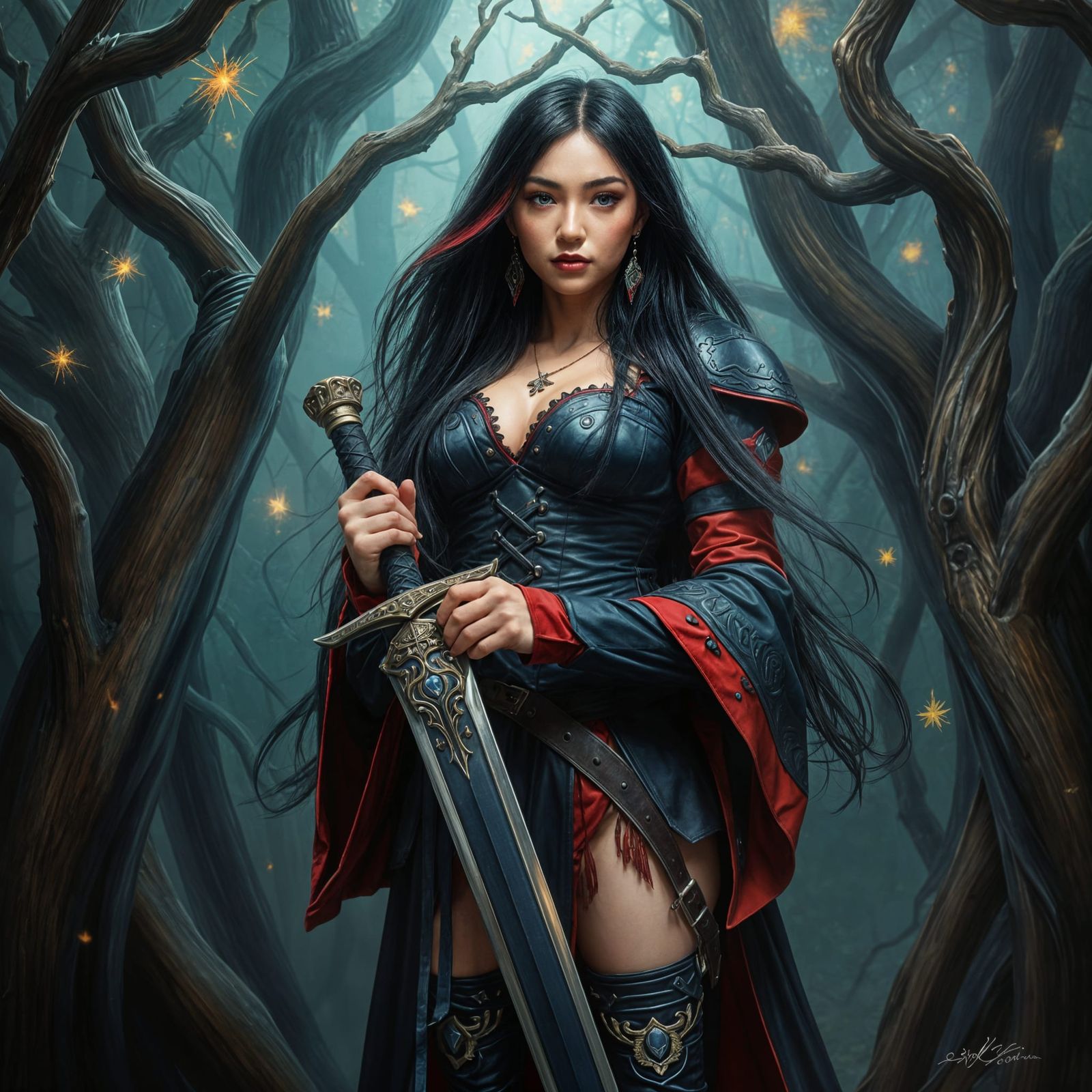 Asian Warrior Woman in Forest, Oil Painting