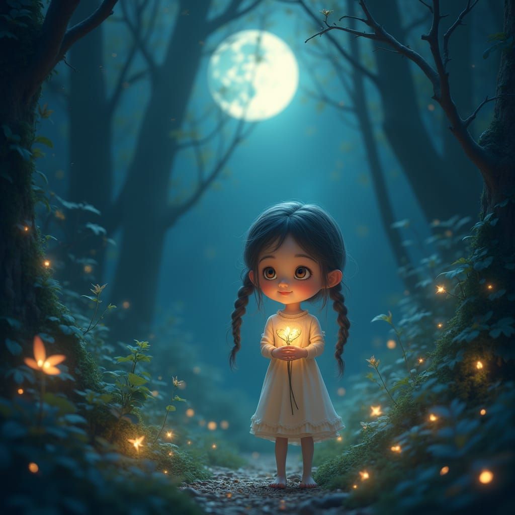 A serene 3D illustration of an ethereal girl with radiant eyes, holding a plant with heart-shaped leaves, standing in a ...