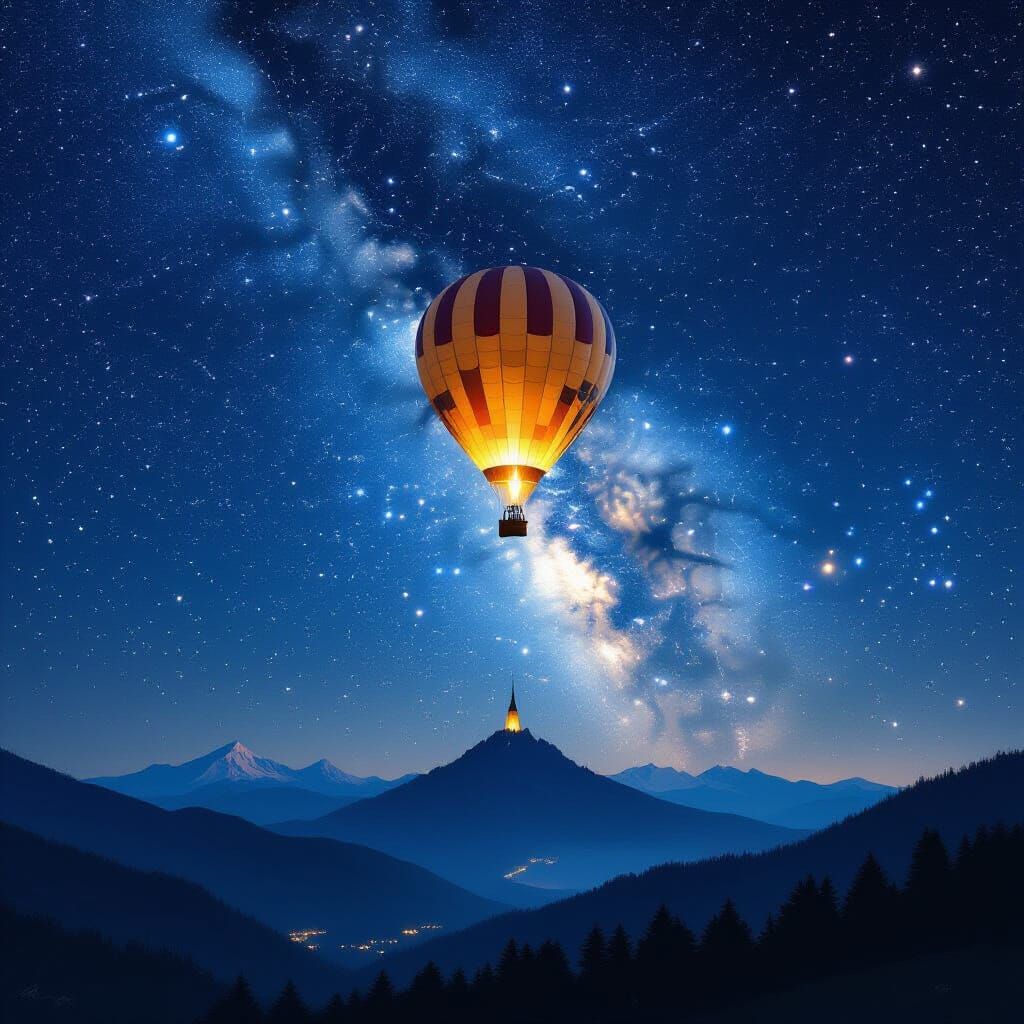 Vintage Hot Air Balloon Under Starry Night Sky