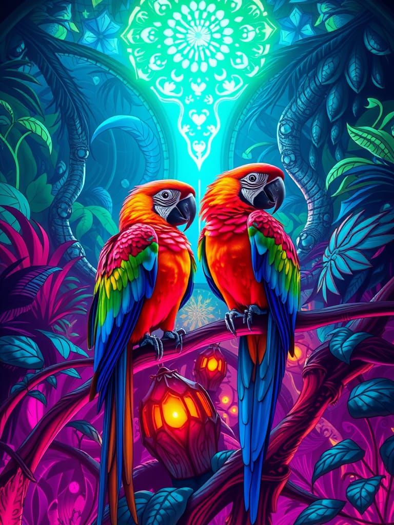 Vibrant Macaws in Stained Glass with Bioluminescent Fractals