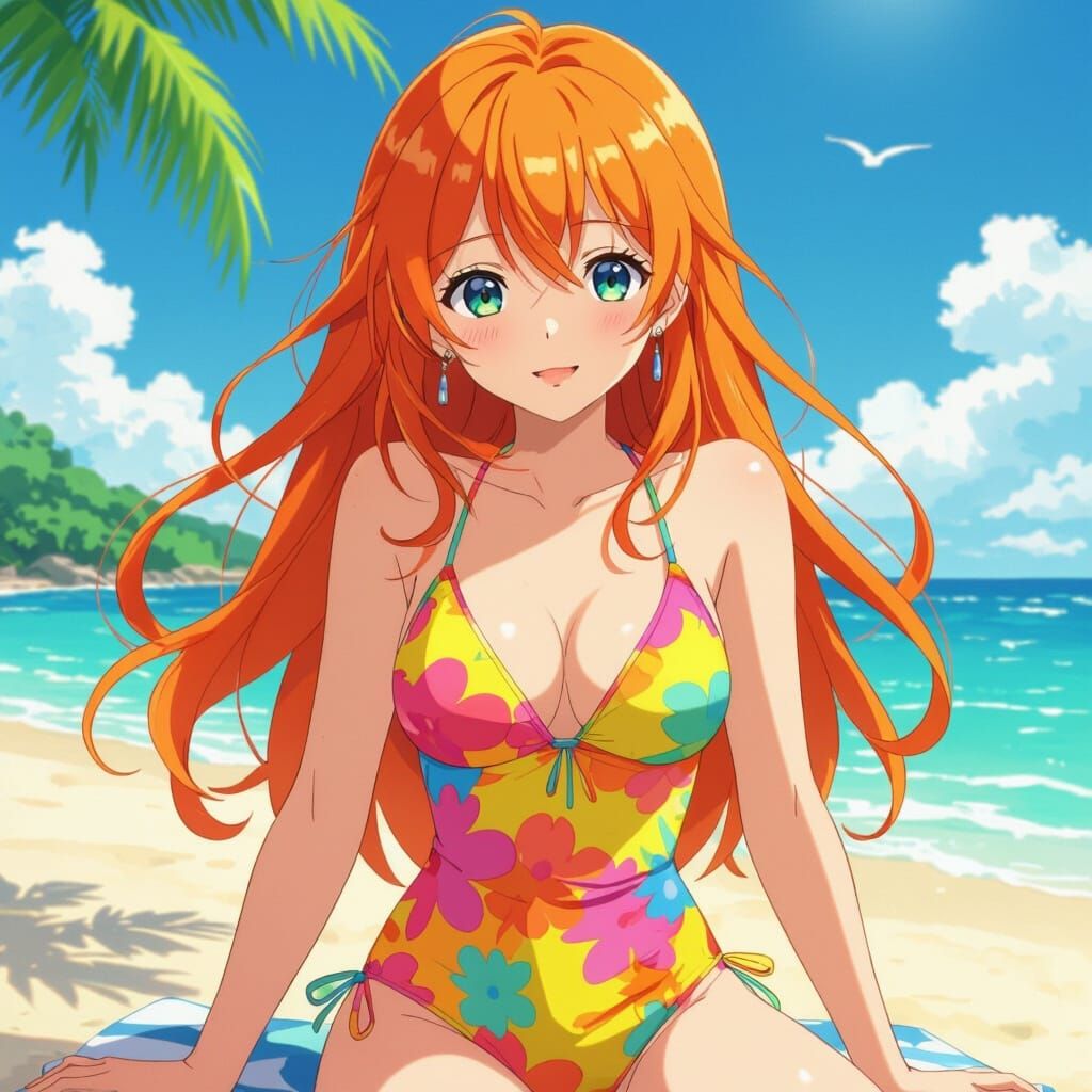 Anime Girl with Orange Hair on Sunny Beach