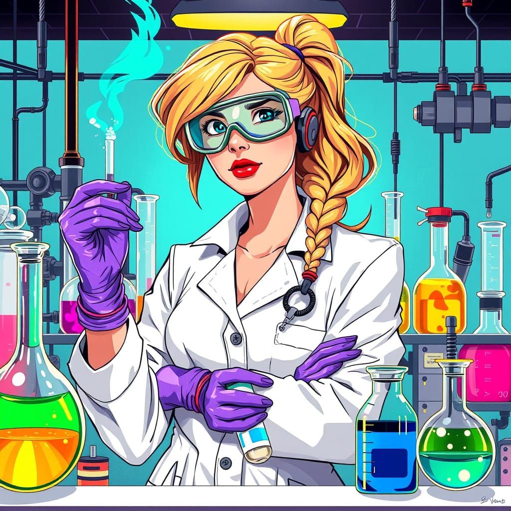 Futuristic Scientist in Lab with Vibrant Chemicals
