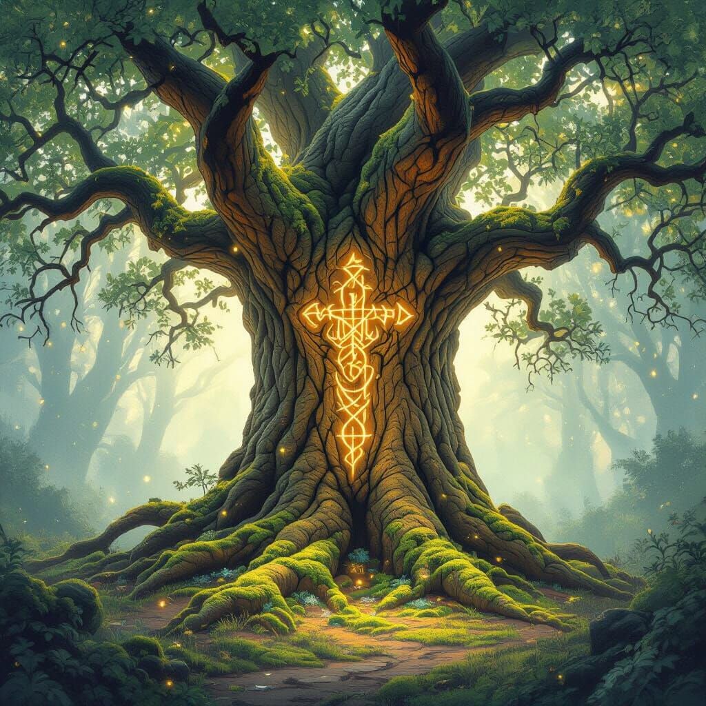 Ancient Oak Tree with Glowing Runes in Enchanted Forest