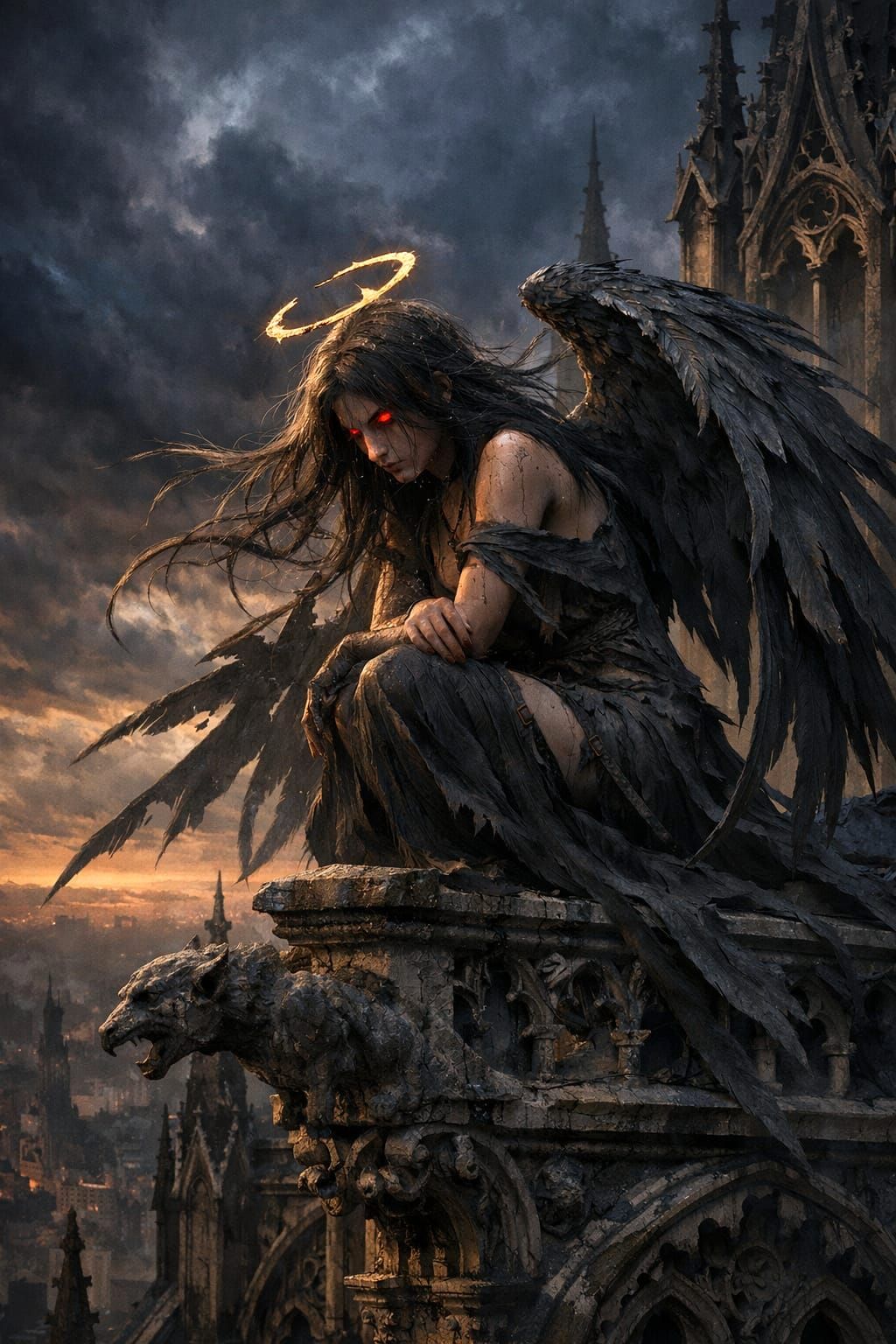 Sorrowful Fallen Angel on Gothic Cathedral Rooftop