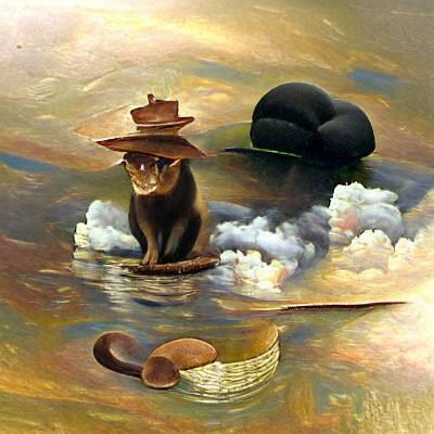 Cat with Wand on Floating Island, Oil Painting