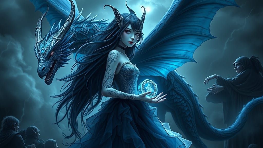 Regal Blue Gothic Fairy Amidst a Stormy Landscape