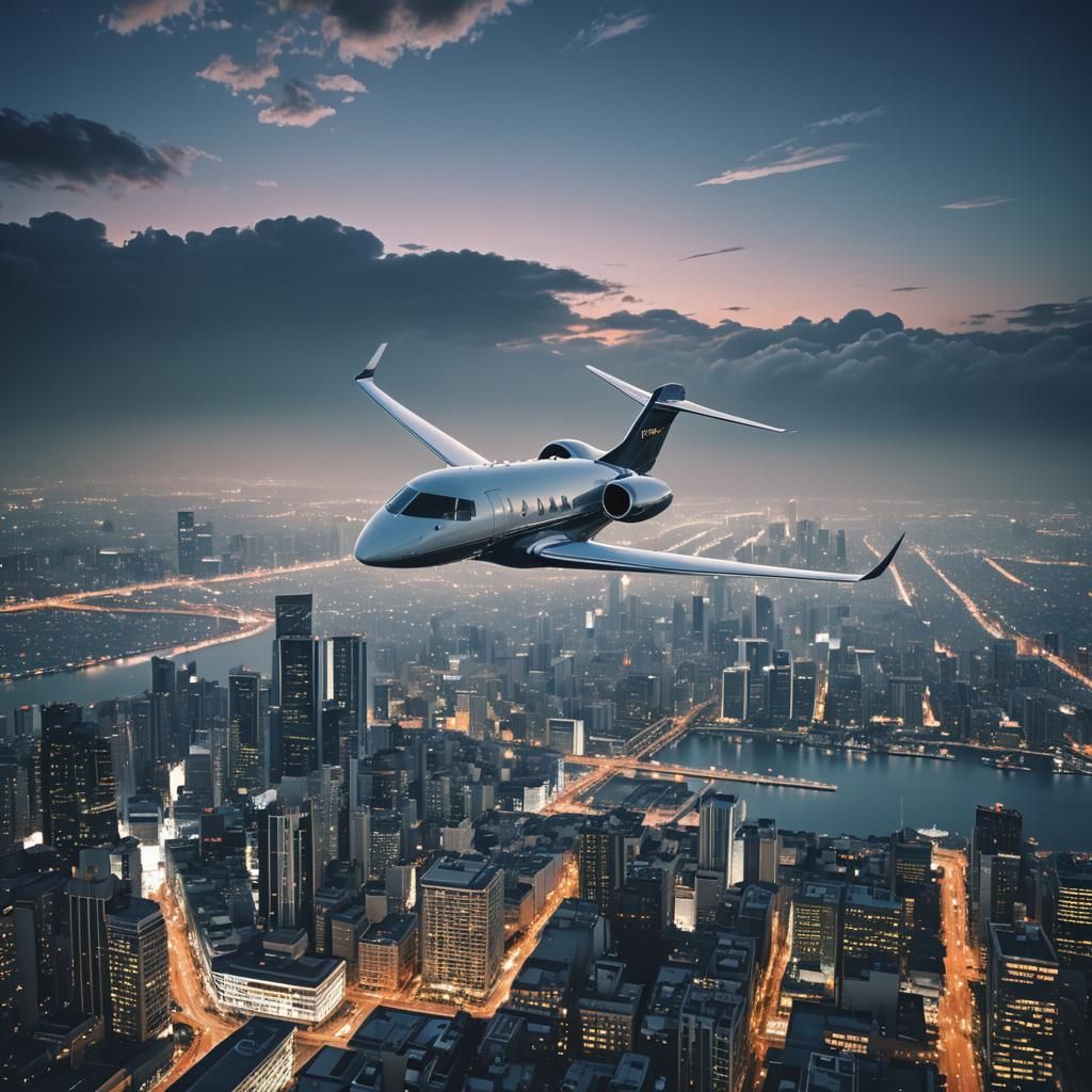 Private Jet Soaring Over Cityscape at Blue Hour