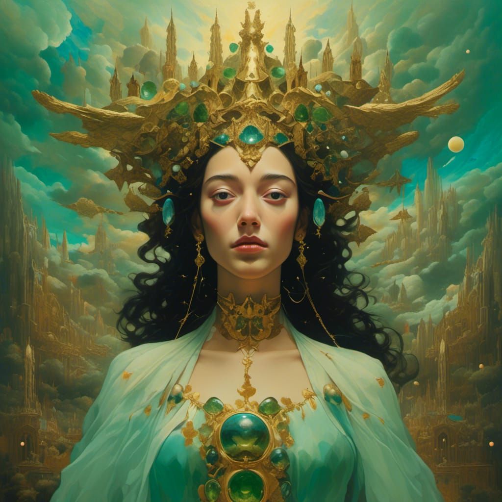 Celestial Emerald Queen with Golden Crown as Surreal Oil Pai...