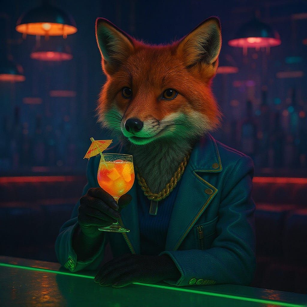 Fox Sipping Cocktail in Retro-Futuristic Style