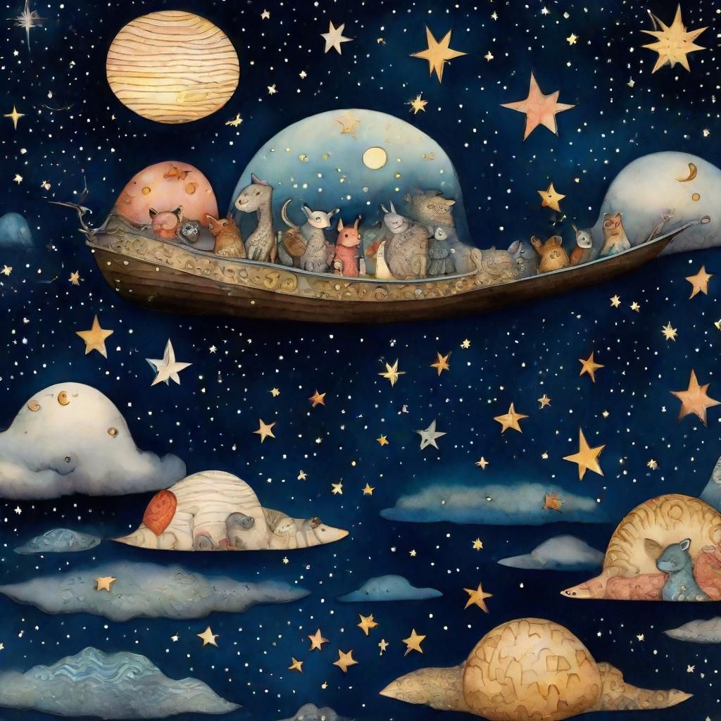 Surreal Sky-boat with Whimsical Creatures in a Trail of Star...