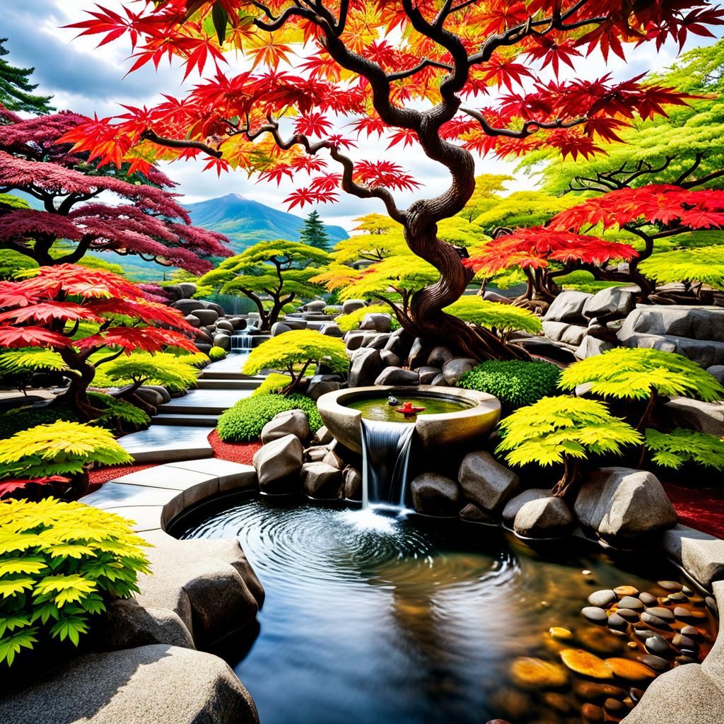 Vibrant Japanese Zen Garden with Red Maple Tree
