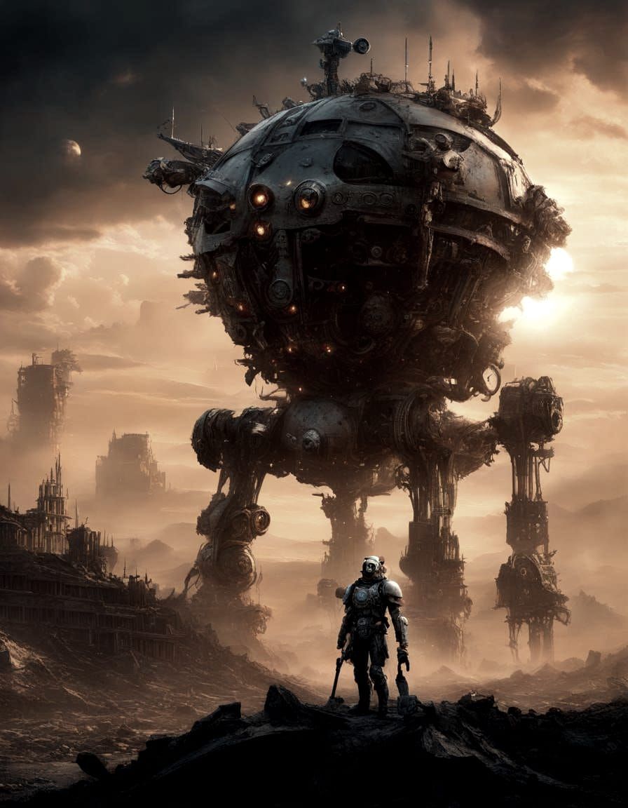 Wasteland Warrior and Cinematograph Robot in Solarpunk Style