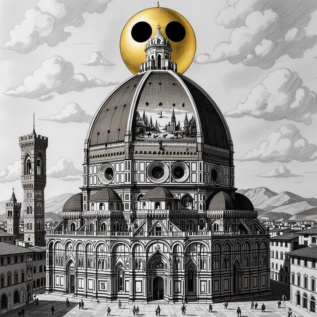Pencil Sketch of Brunelleschi's Dome with Cartoon Face