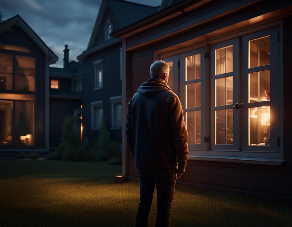 Sad Man Gazing Through Window in Evening Light