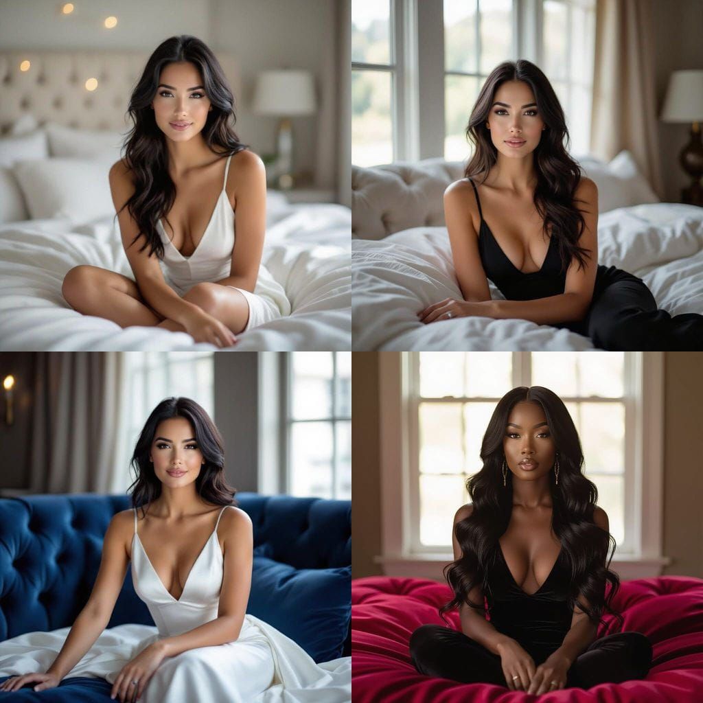 Proud Black Haired Woman Poses on Bed