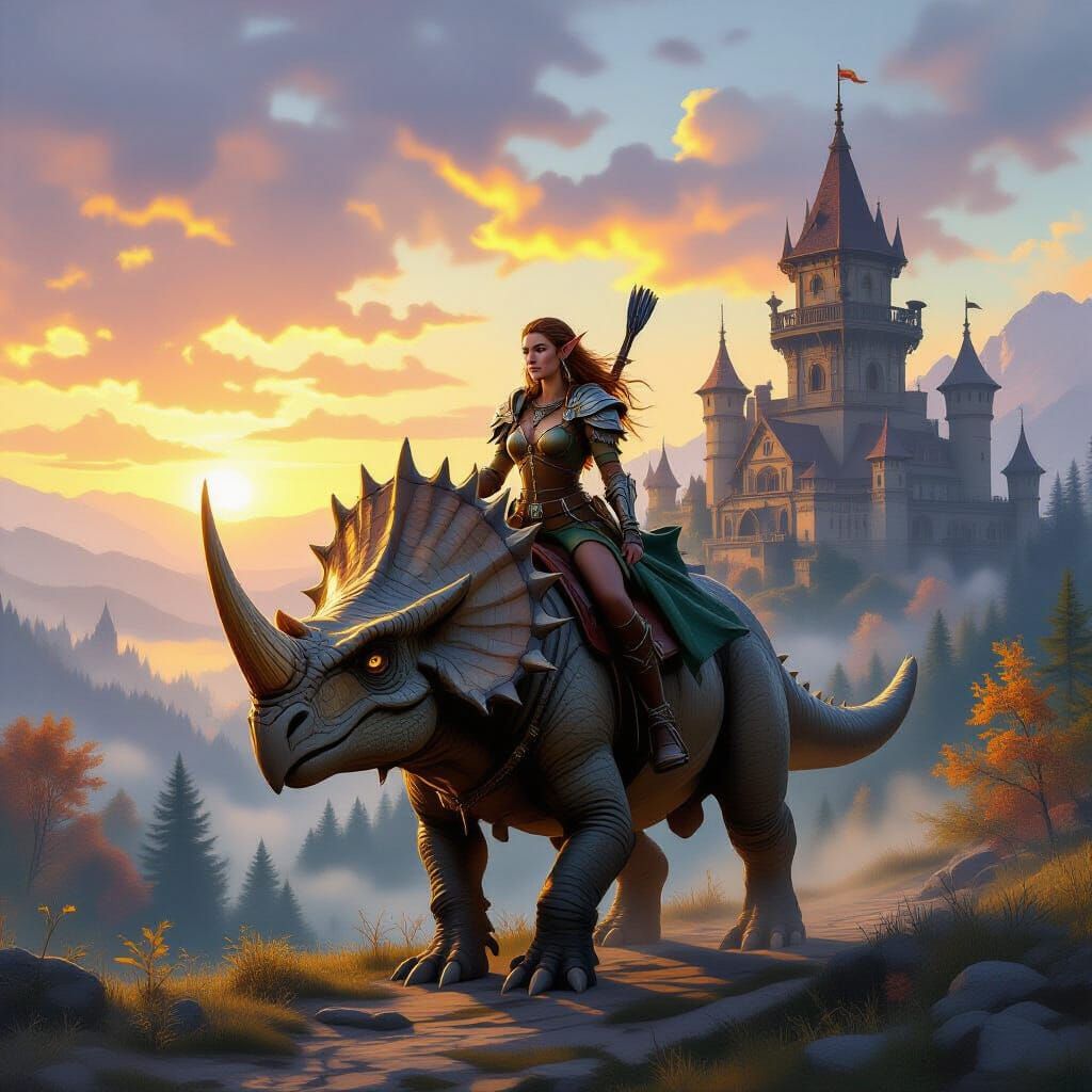 Wood Elf Warrior on Triceratops in Autumnal Elven Landscape