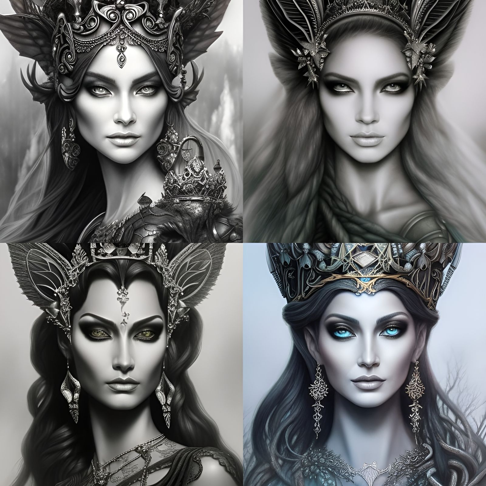 Ethereal Fae Queen in Detailed Charcoal Sketch