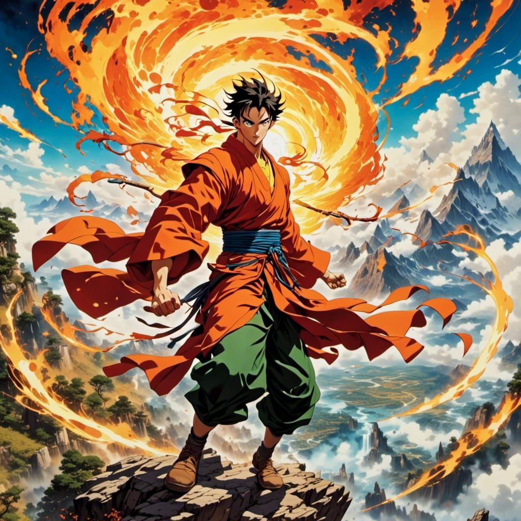 Anime Aang Firebending with Fiery Sparks