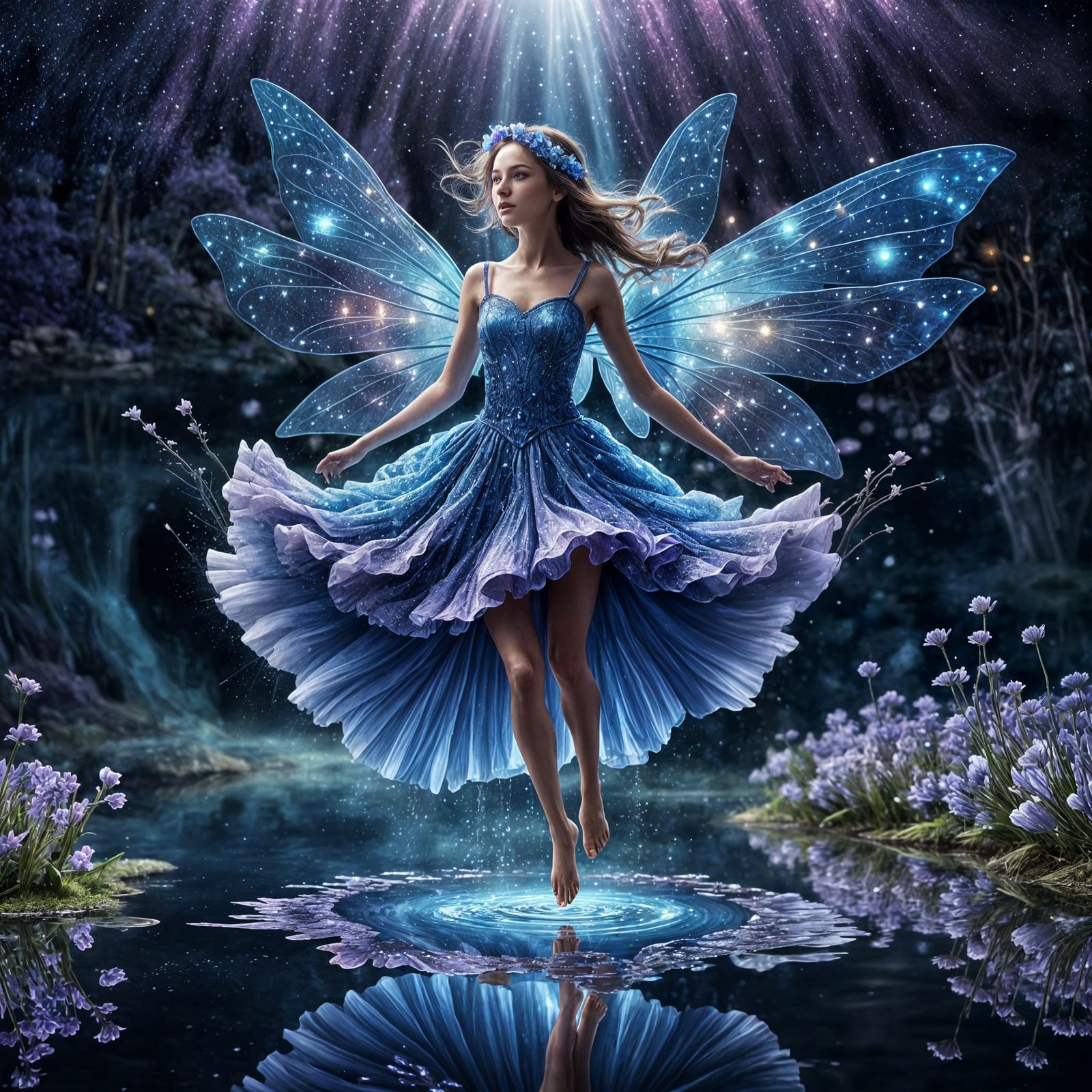 Blue Flower Fairy Emerges from Lake