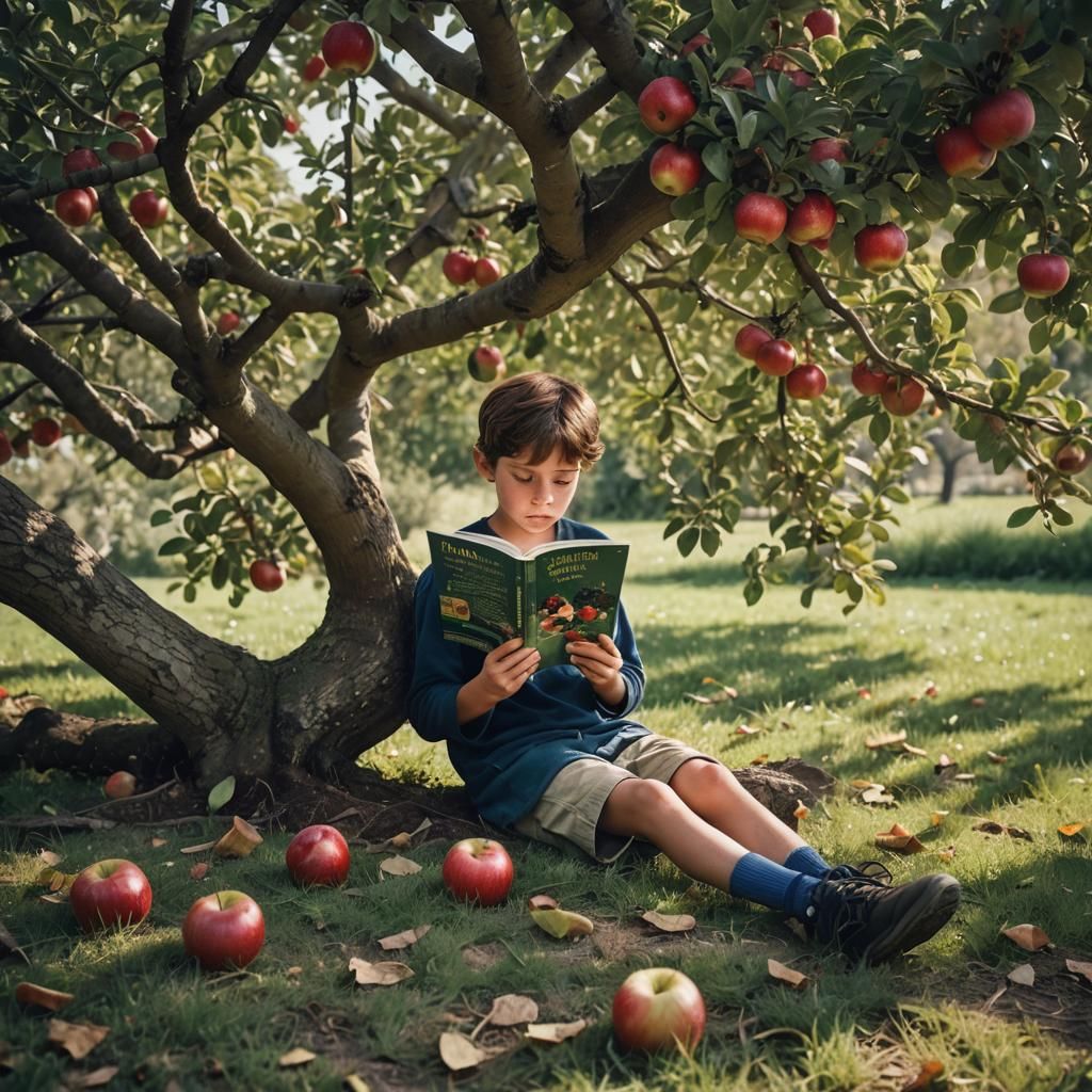 Child Reading Under Apple Tree: Cinematic Still