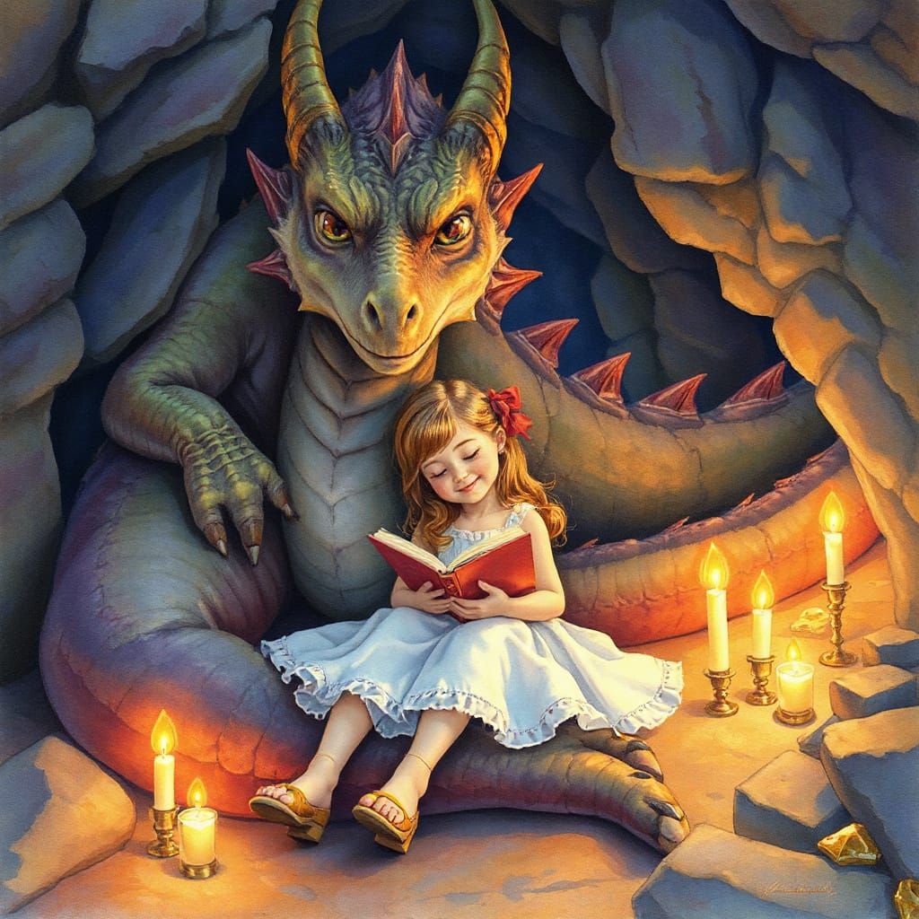 Girl Reading with Dragon in Candlelit Cave