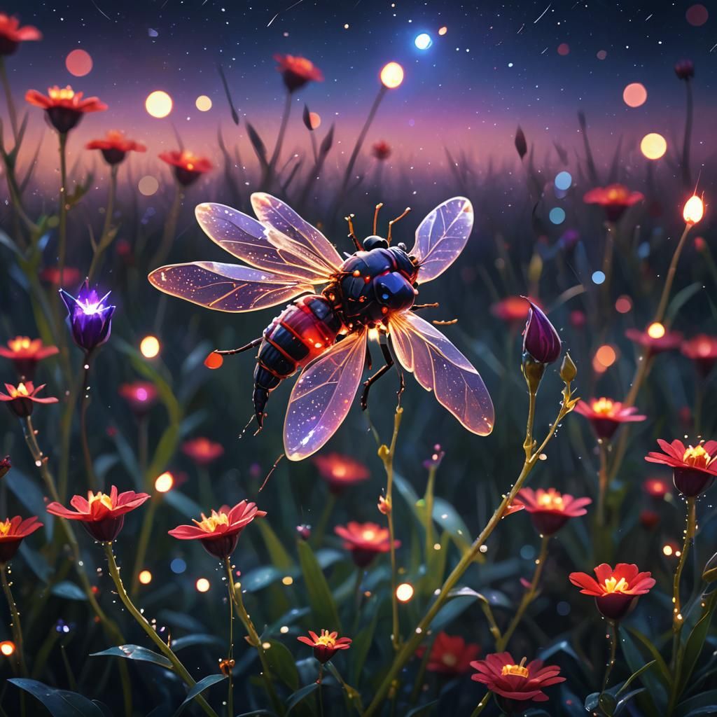 Firefly on Red Flower in Low-Poly Style