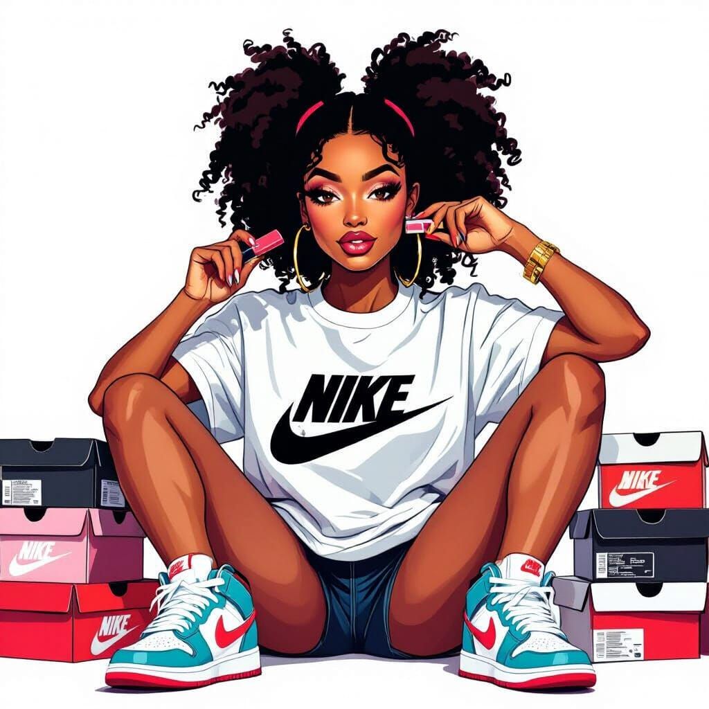 Confident Woman Posing with Sneakers in Vibrant Art Style