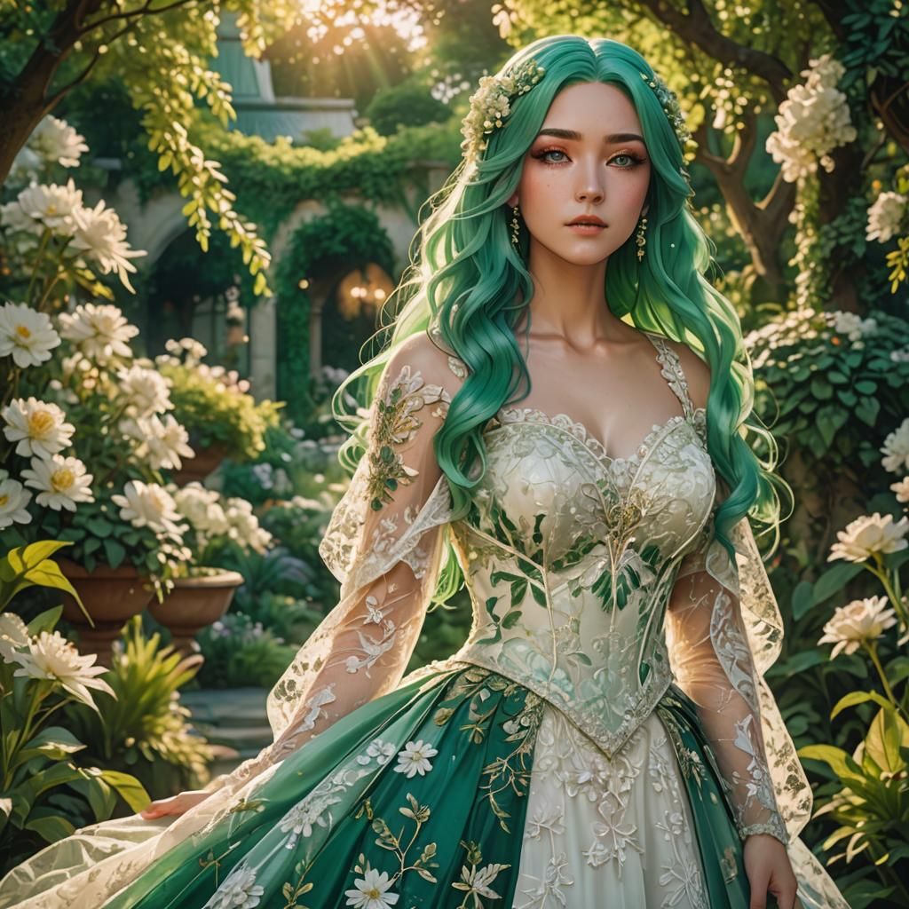 Emerald Haired Bride in Opulent Anime Garden