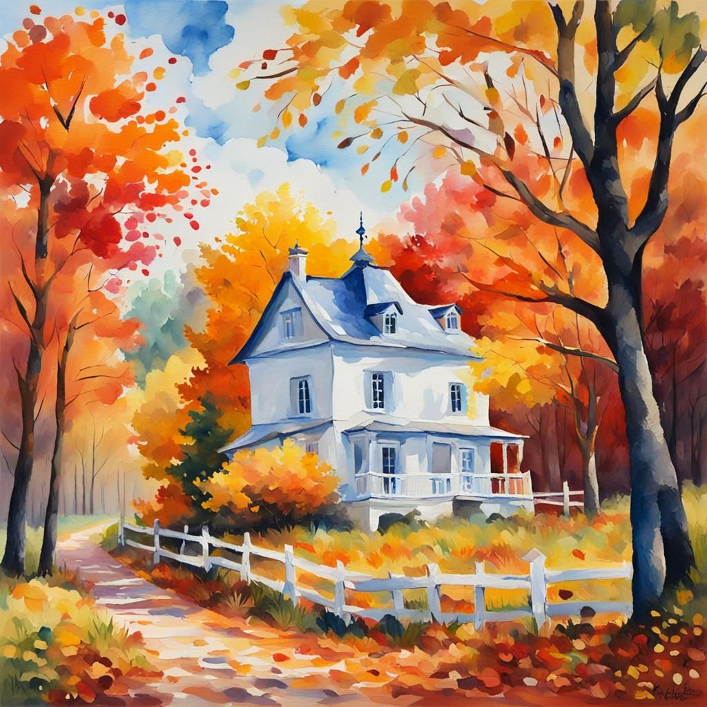 Autumnal House in Gouache Watercolor Style
