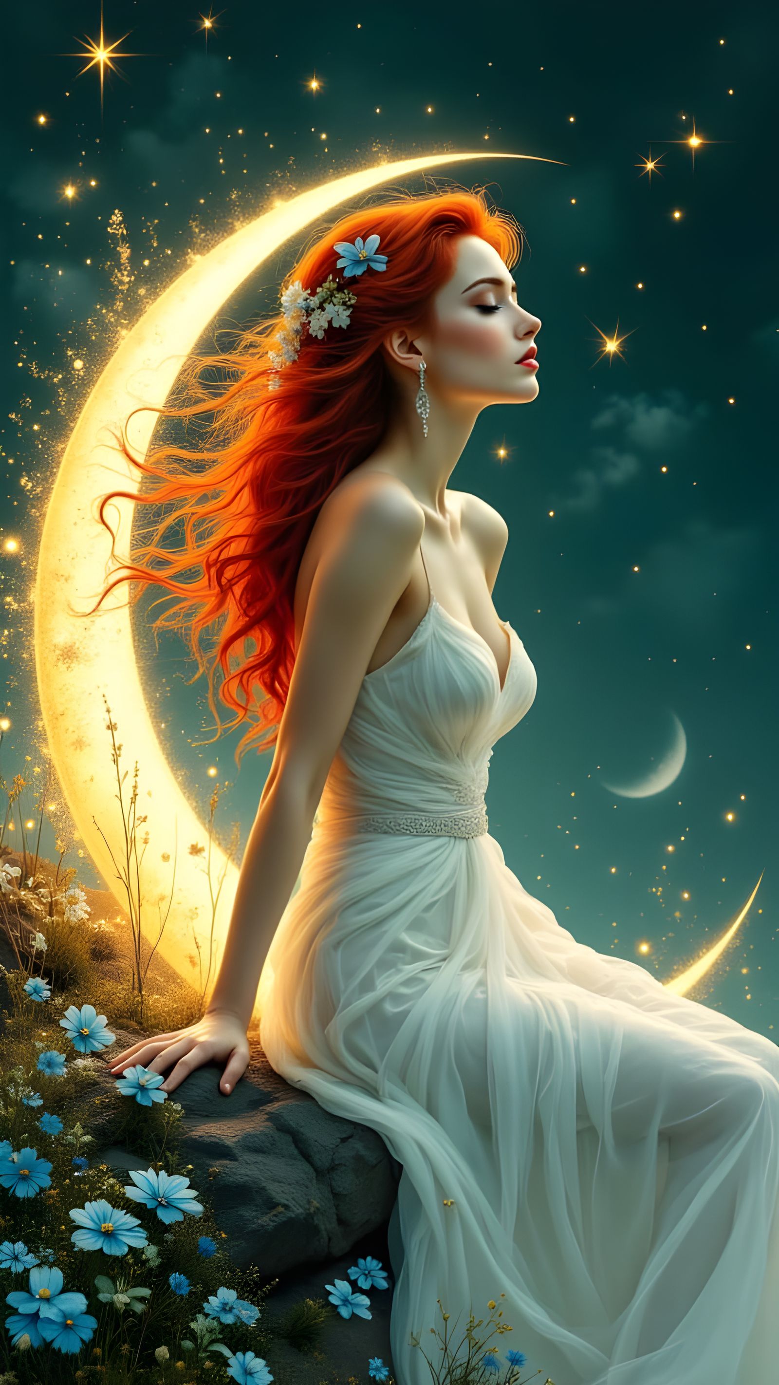 Heavenly Goddess on Moon in Dreamy Digital Art