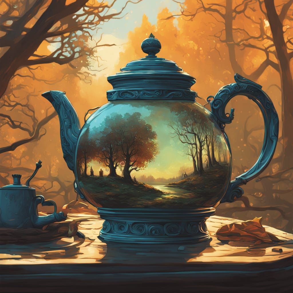 Old Teapot on Gnarled Branch in Fall Landscape