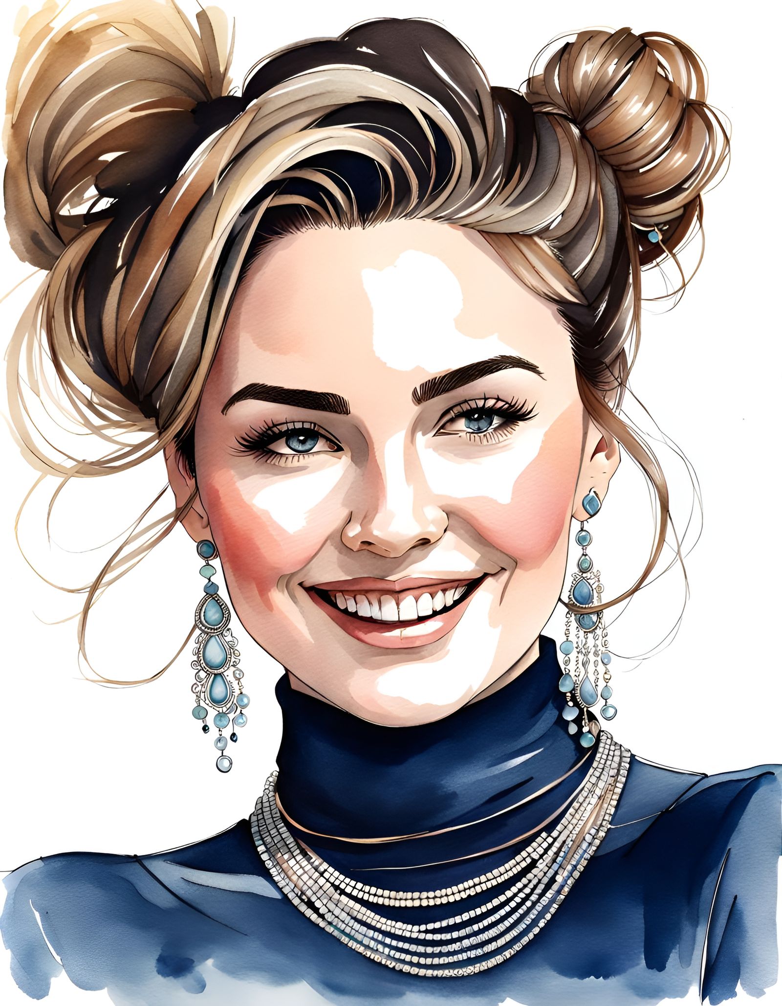 Brunette Woman with Messy Bun in Watercolor Portrait