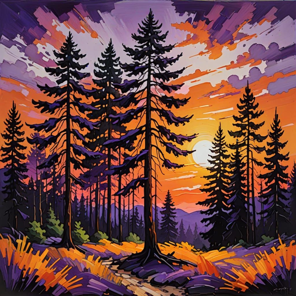 Expressionist Sunset Over Pine Tree Forest Painting