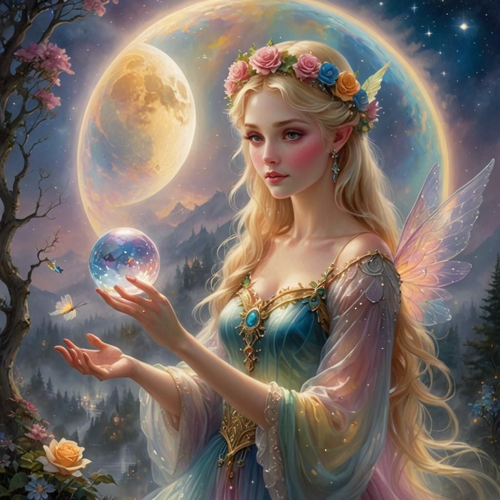 Fairy with Crystal Ball in Ethereal Moonlight