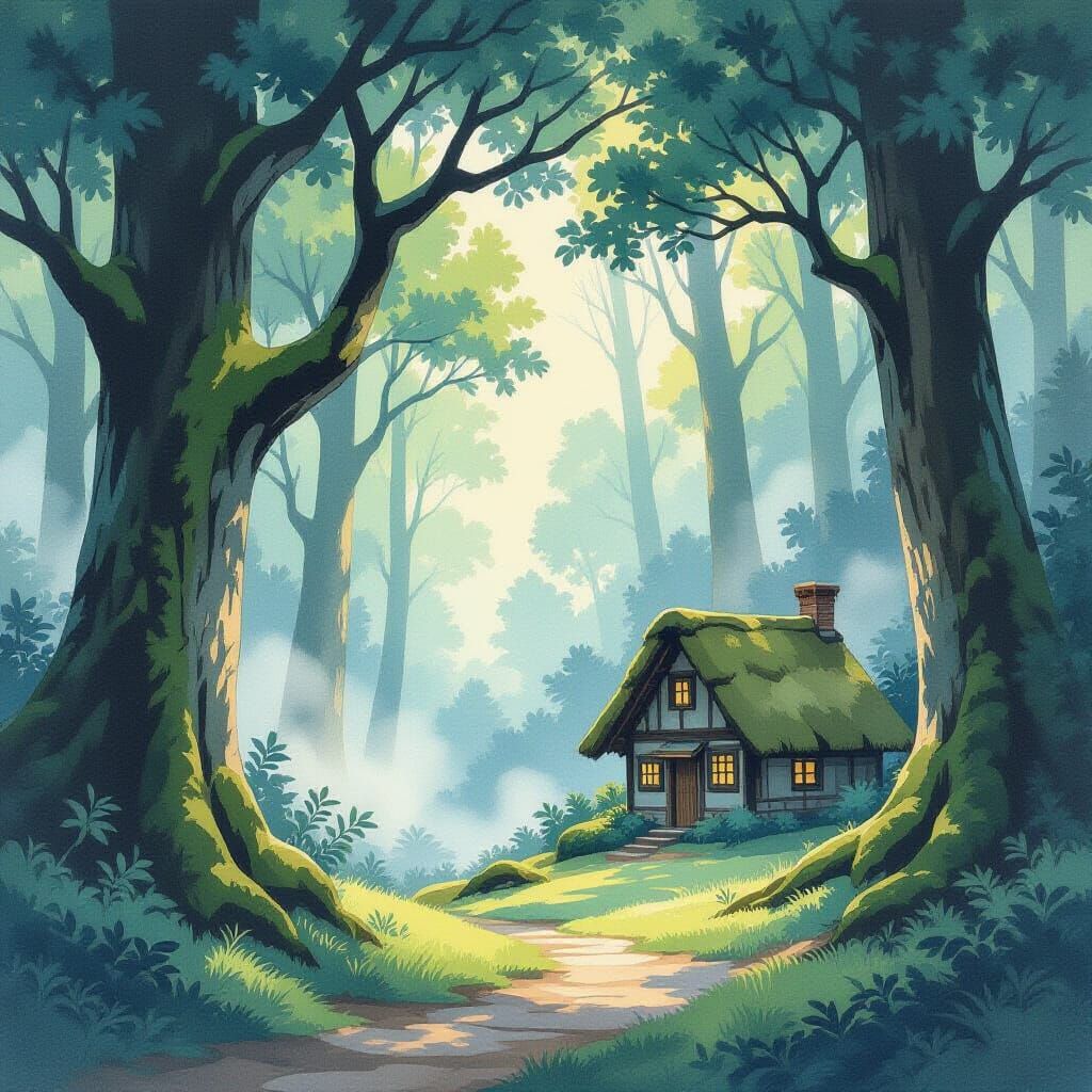 Tranquil Forest Cottage in Watercolor Style