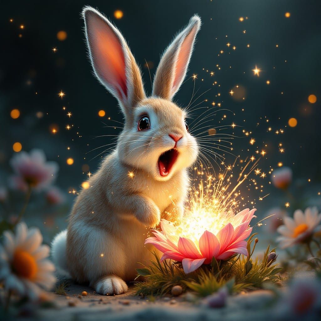 Surreal Rabbit in a Sparkling Explosion Scene, in a 3D Rende...