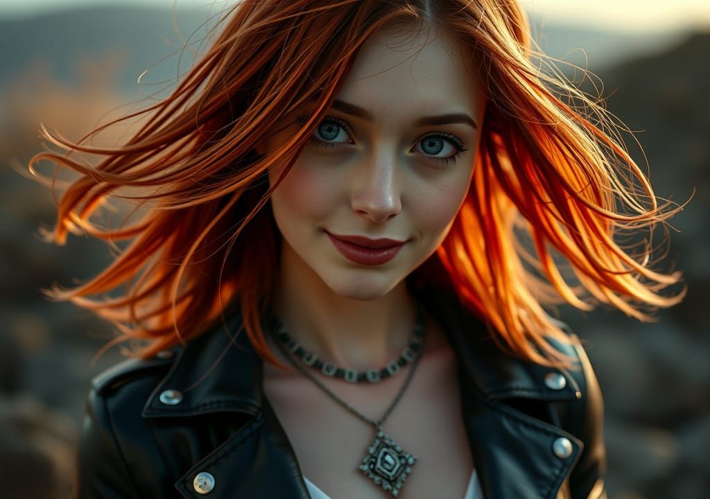 Redhead with Windswept Hair, Hyperrealistic Portrait