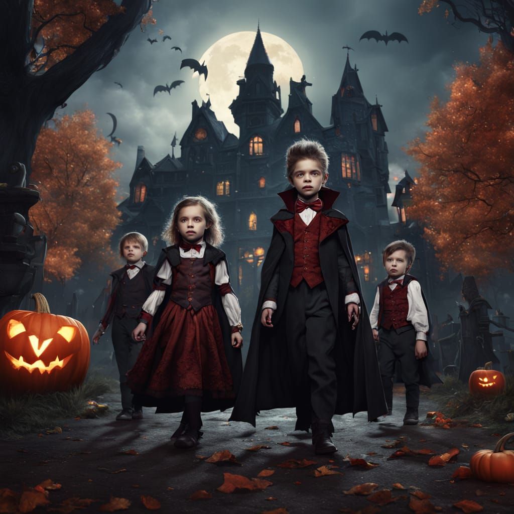 Vampire Kids Trick-or-Treating in Detailed Fantasy Art