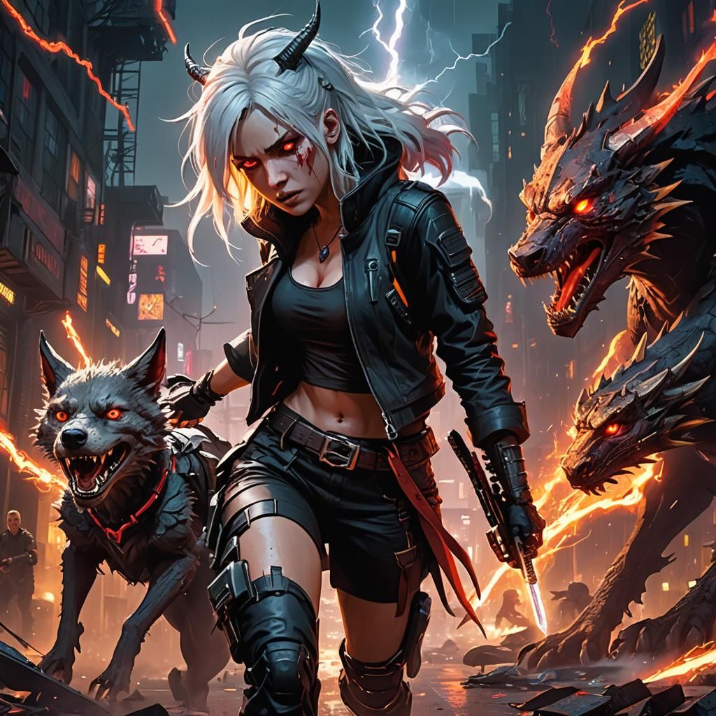 Cyberpunk Vampire Child Gunfight with Dragon Wolf