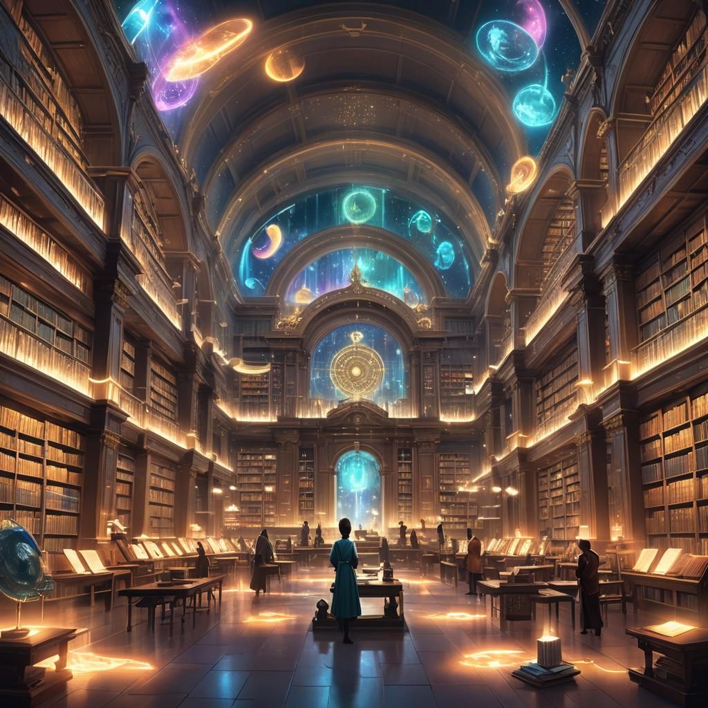 Timeless Library with AI Guardians: Concept Art