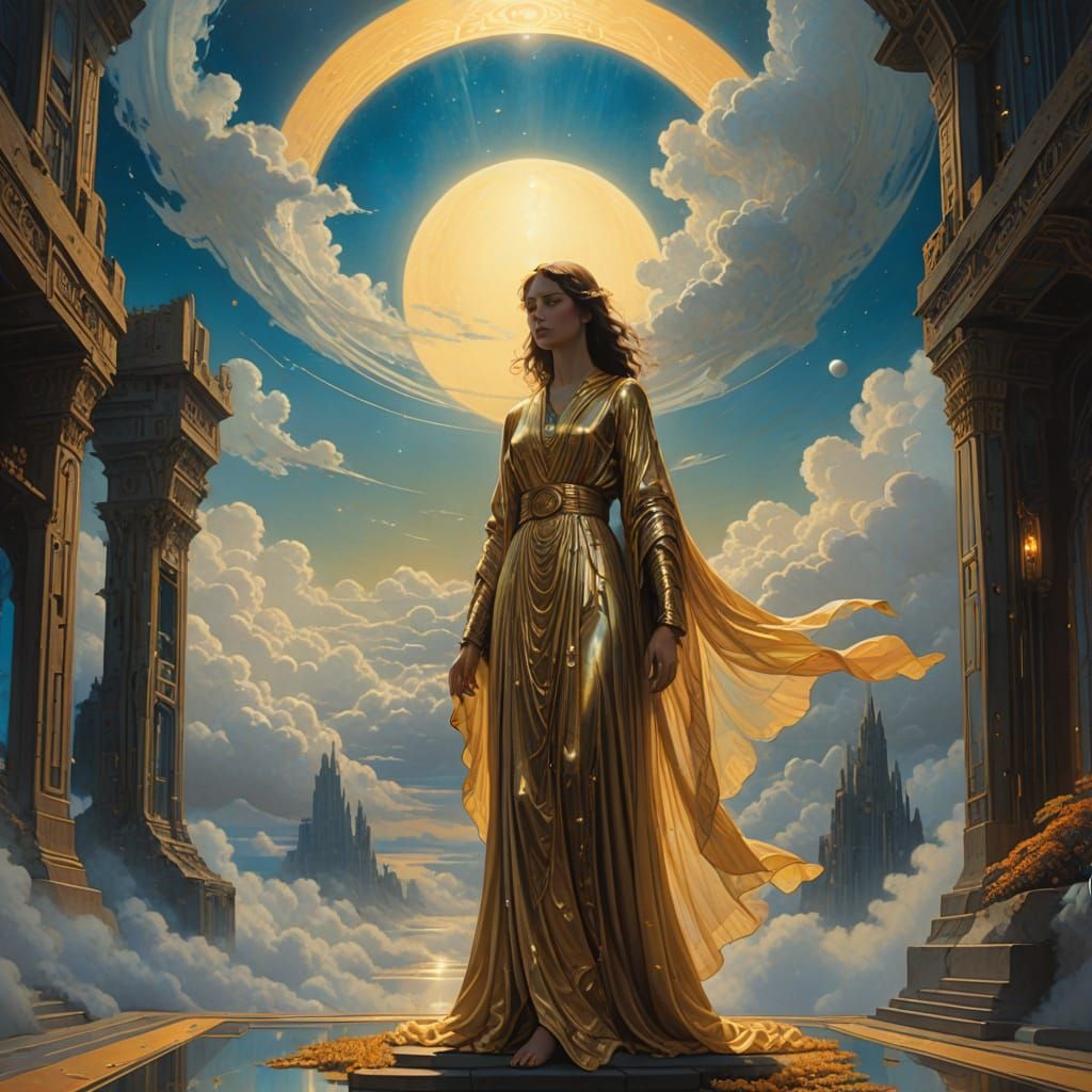 Serene Maiden Holds Chrome Roomba in Heavenly Glow